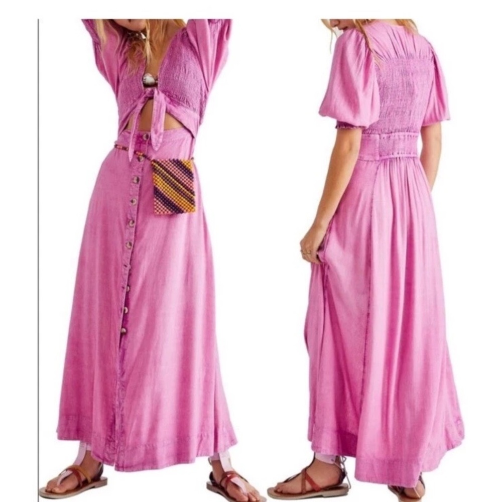 Free People Pink Linen Maxi Dress String of Hearts Boho Tie Front Cutout Rose